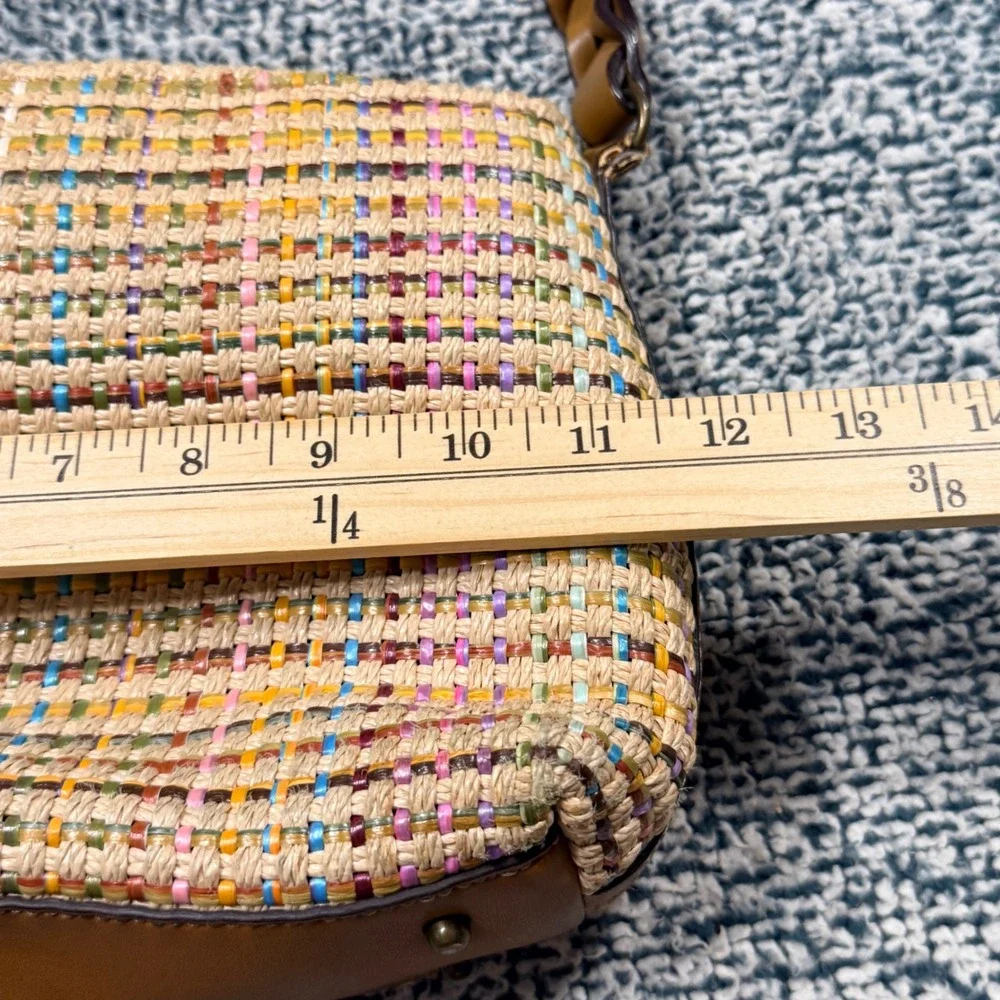 Fossil Multi-Color Woven Straw Leather Trim Shoulder Bag Tan Plaid Handbag